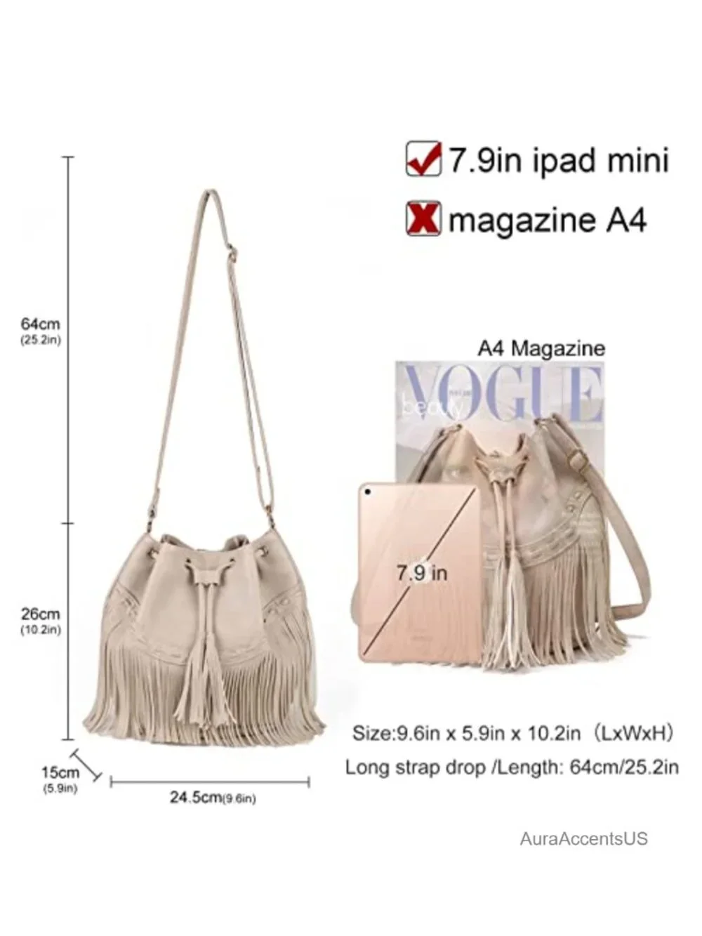 Vegan Leather Bucket Bag Women Crossbody Fringe Tassel Hobo Shoulder Purse